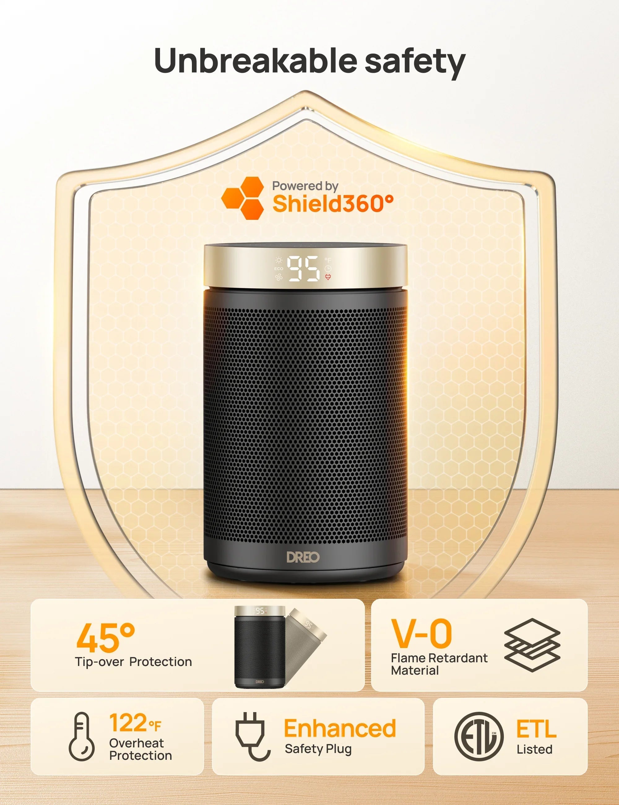 DREO Atom 316 Ceramic Space Heater 1500W Heat-Funnel Technology Gold