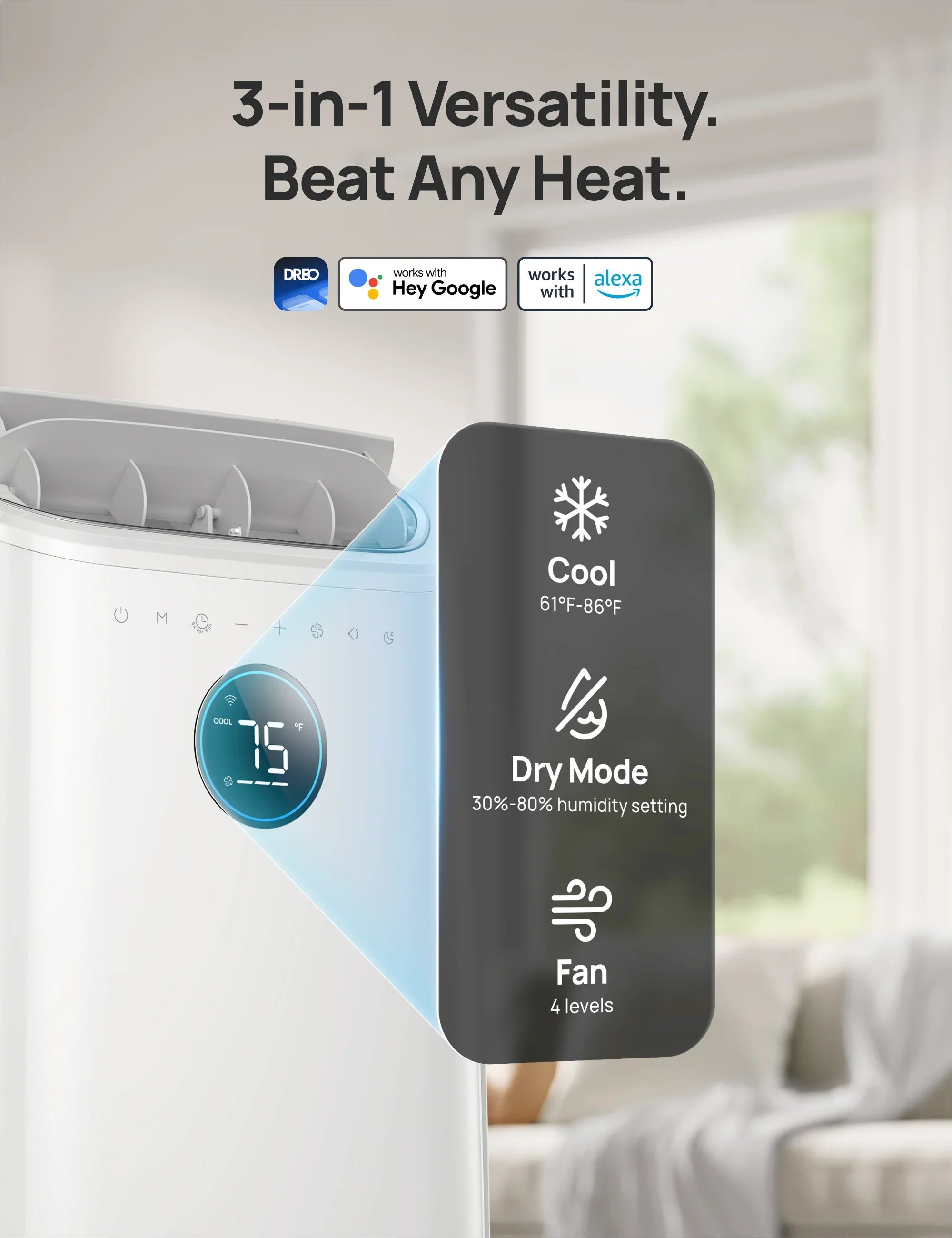 DREO 14000 BTU Smart Portable Air Conditioner 516S White